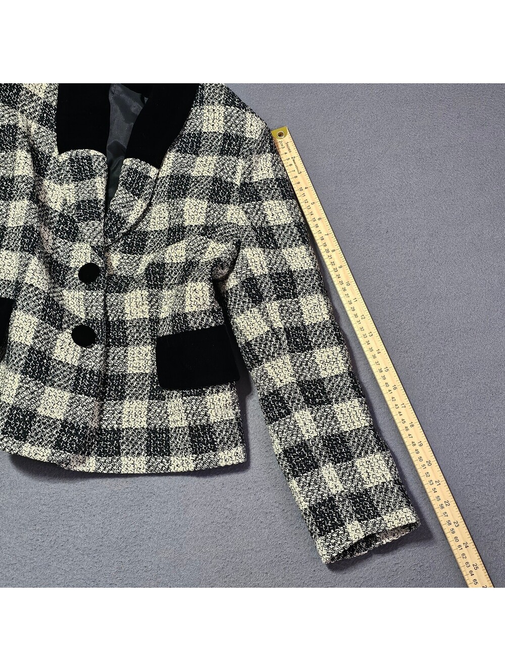 Elio Berhanyer Women's Size EU 46 US 14 Black White Checkered Blazer Velvet Trim - Picture 5 of 9